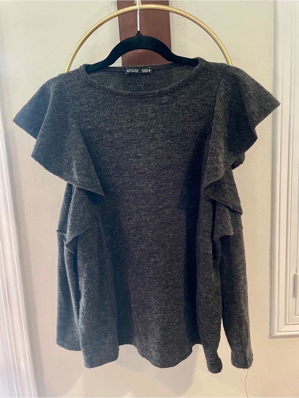 Zara Charcoal Ruffle Shoulder Knit Sweater